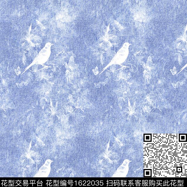 肌理牛仔花鸟数码印花花型下载（图片编号: 1622035） - 瓦栏（Walan）