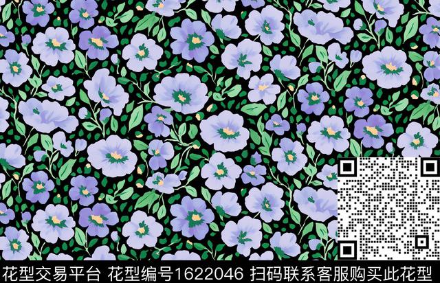 满版散花黑底花卉花卉数码印花花型下载（图片编号: 1622046） - 瓦栏（Walan）