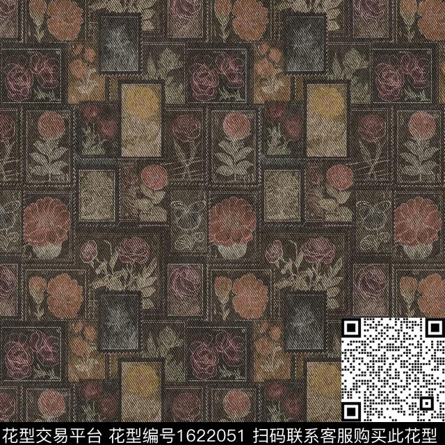 花卉邮票复古数码印花花型下载（图片编号: 1622051） - 瓦栏（Walan）