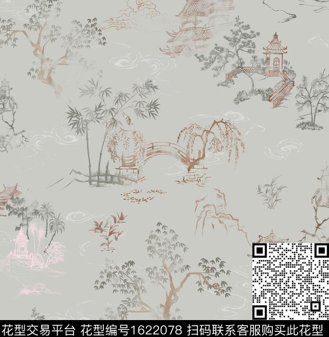 中国风建筑树木数码印花花型下载（图片编号: 1622078） - 瓦栏（Walan）