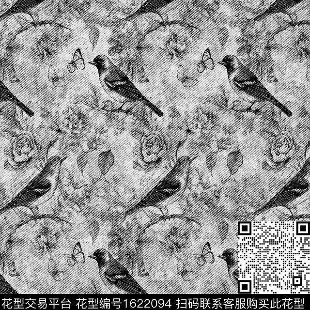 花鸟牛仔布纹复古数码印花花型下载（图片编号: 1622094） - 瓦栏（Walan）