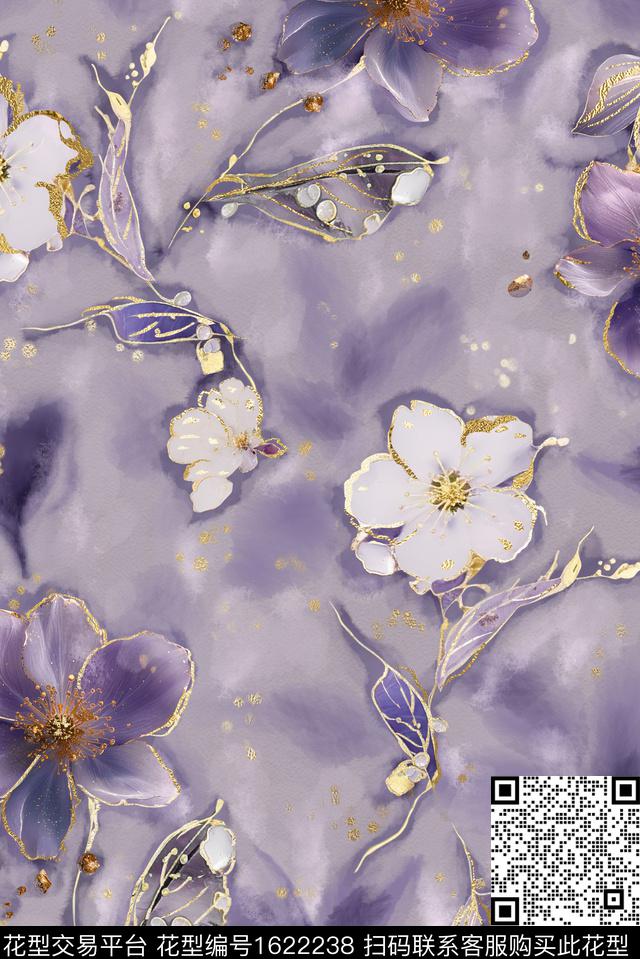 花卉鎏金水彩笔触数码印花花型下载（图片编号: 1622238） - 瓦栏（Walan）