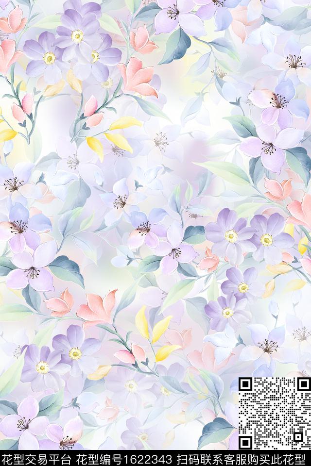 小清新水彩花卉渐变数码印花花型下载（图片编号: 1622343） - 瓦栏（Walan）
