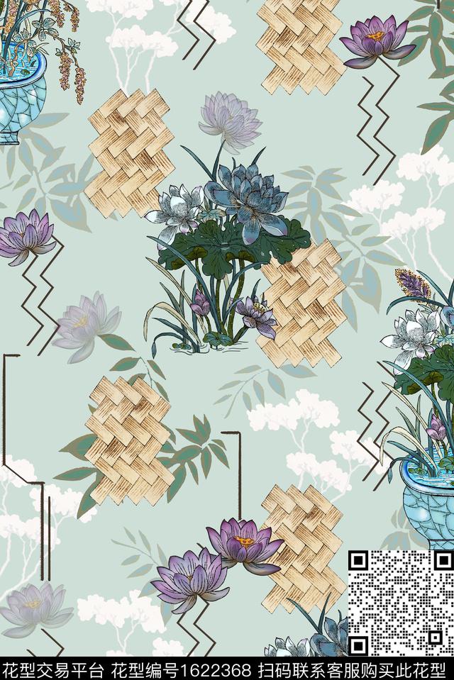花卉花瓶线条数码印花花型下载（图片编号: 1622368） - 瓦栏（Walan）