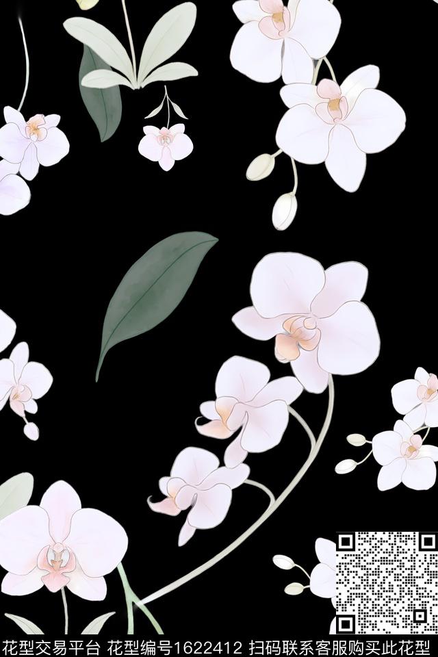 黑底花卉蝴蝶兰花卉数码印花花型下载（图片编号: 1622412） - 瓦栏（Walan）