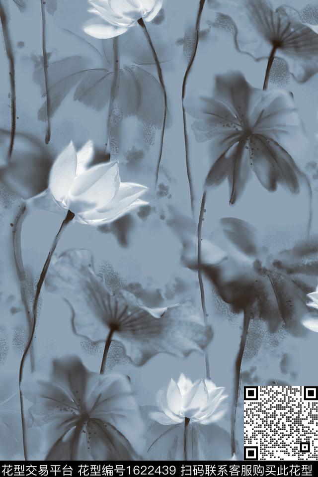 中国风荷花手绘花卉数码印花花型下载（图片编号: 1622439） - 瓦栏（Walan）
