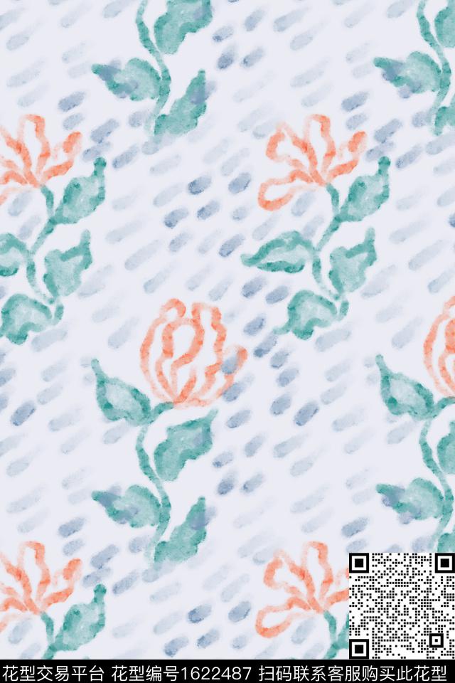 花卉水彩笔触数码印花花型下载（图片编号: 1622487） - 瓦栏（Walan）