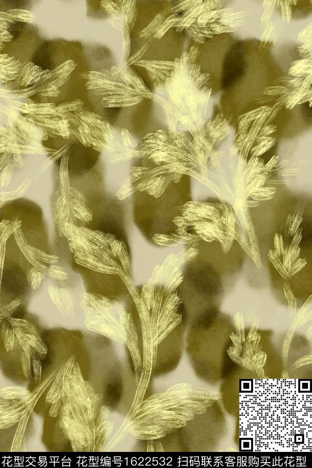 侘寂绿植树叶笔触数码印花花型下载（图片编号: 1622532） - 瓦栏（Walan）
