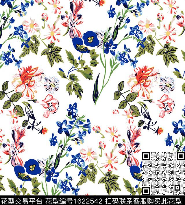 花卉白底花田园传统印花花型下载（图片编号: 1622542） - 瓦栏（Walan）