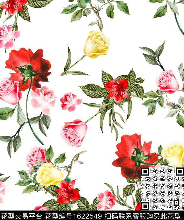 白底花花卉玫瑰花数码印花花型下载（图片编号: 1622549） - 瓦栏（Walan）