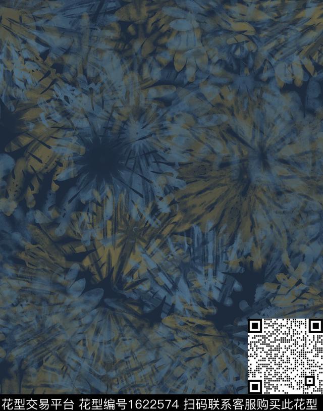 靛蓝花卉扎染花型数码印花花型下载（图片编号: 1622574） - 瓦栏（Walan）