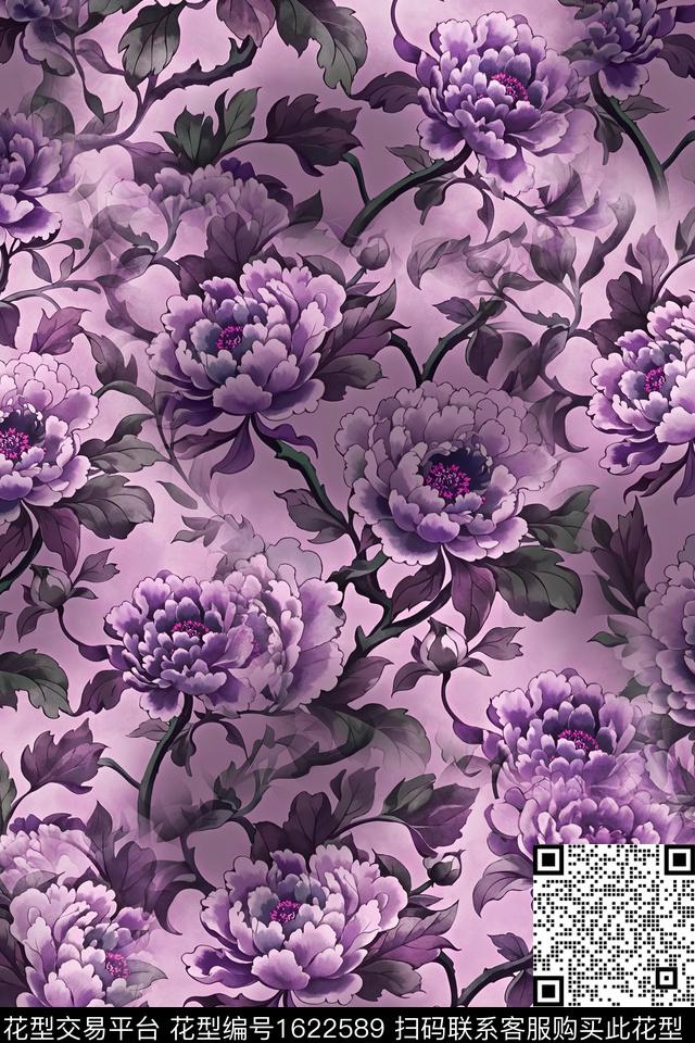 中国风牡丹手绘花卉数码印花花型下载（图片编号: 1622589） - 瓦栏（Walan）