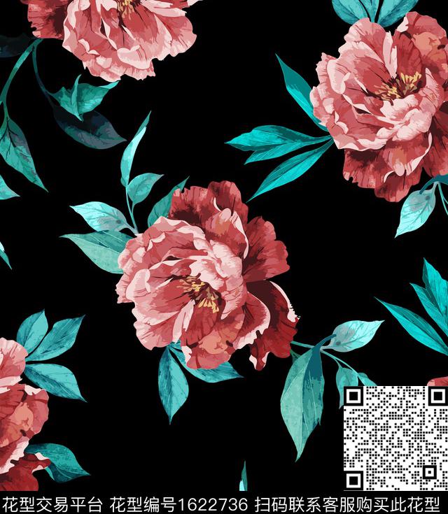 牡丹大花花卉数码印花花型下载（图片编号: 1622736） - 瓦栏（Walan）