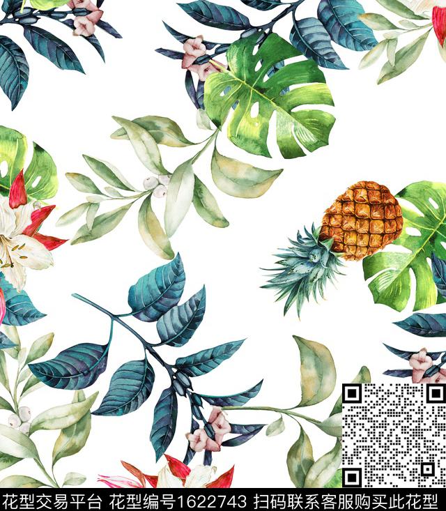 菠萝水彩热带花型数码印花花型下载（图片编号: 1622743） - 瓦栏（Walan）