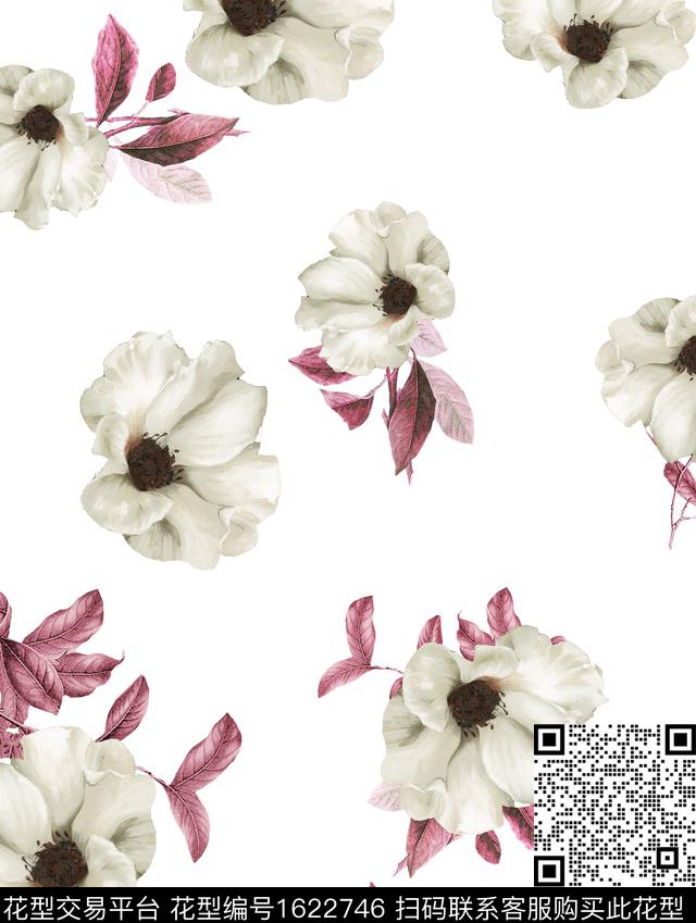 水彩花卉花卉白底花数码印花花型下载（图片编号: 1622746） - 瓦栏（Walan）