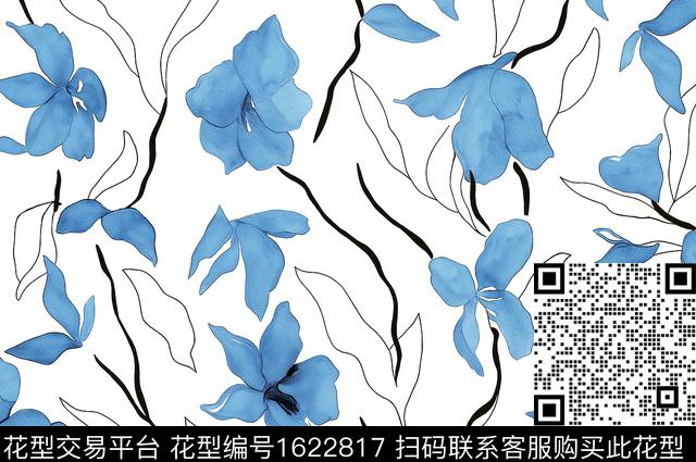 花卉线条抽象花卉数码印花花型下载（图片编号: 1622817） - 瓦栏（Walan）