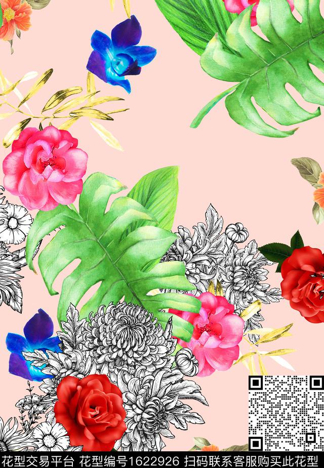 花卉水彩花卉龟背竹数码印花花型下载（图片编号: 1622926） - 瓦栏（Walan）