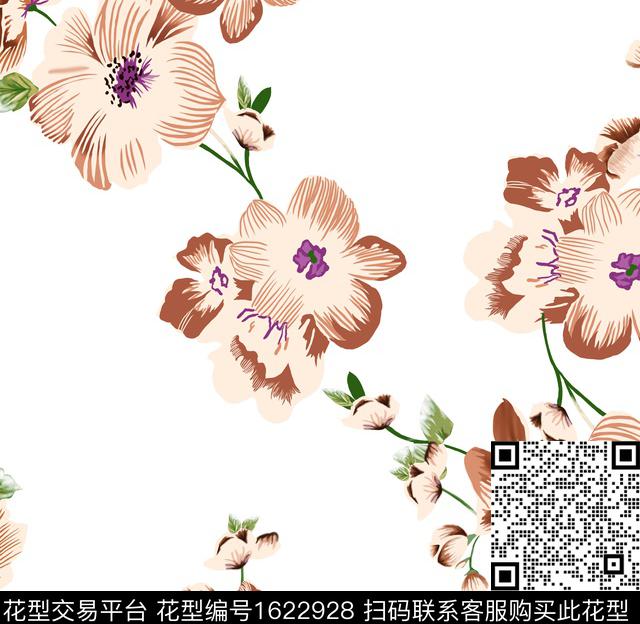 花卉白底花简约传统印花花型下载（图片编号: 1622928） - 瓦栏（Walan）