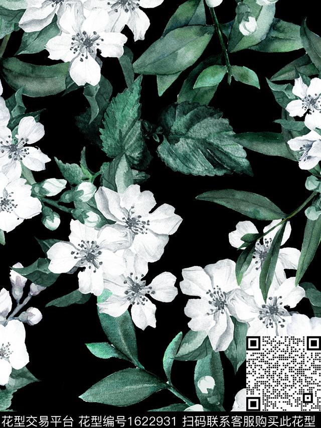 花卉水彩花卉黑底花卉数码印花花型下载（图片编号: 1622931） - 瓦栏（Walan）