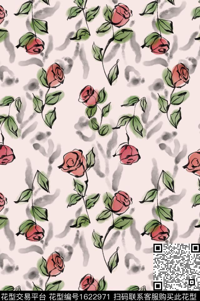 花卉玫瑰花水彩数码印花花型下载（图片编号: 1622971） - 瓦栏（Walan）