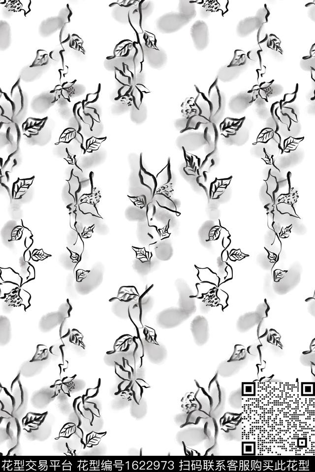 花卉线条花卉黑白花型数码印花花型下载（图片编号: 1622973） - 瓦栏（Walan）