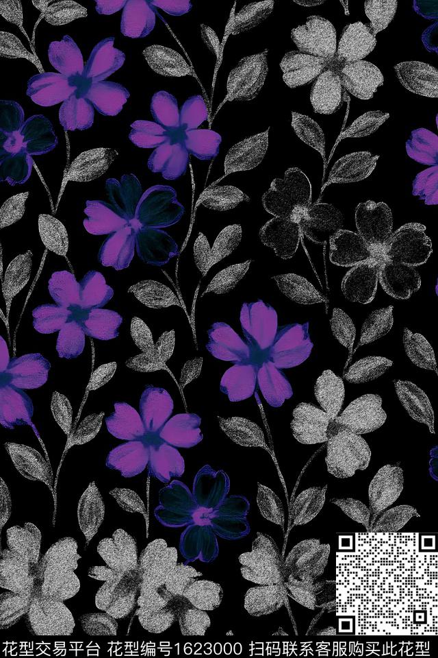 花卉黑底花卉颗粒数码印花花型下载（图片编号: 1623000） - 瓦栏（Walan）