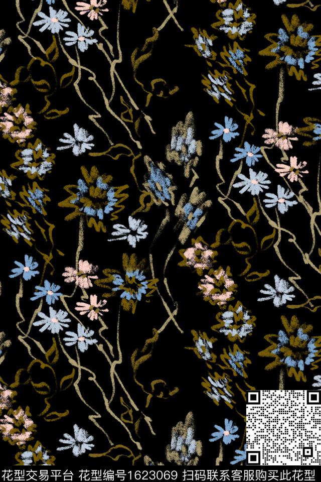 黑底花卉花卉线条花卉数码印花花型下载（图片编号: 1623069） - 瓦栏（Walan）