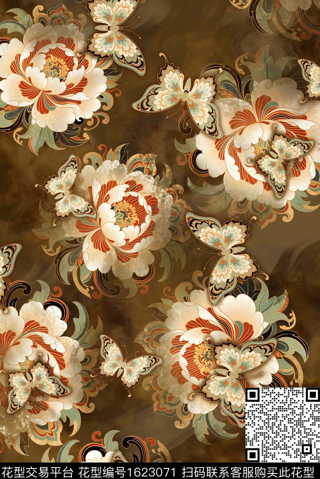 中国风敦煌蝴蝶数码印花花型下载（图片编号: 1623071） - 瓦栏（Walan）