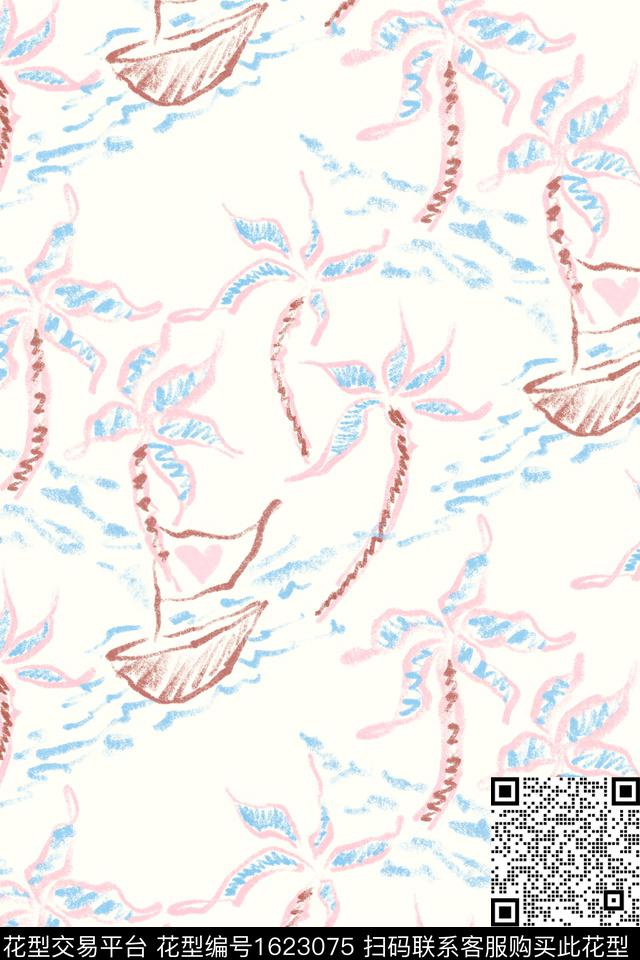 小清新热带花型线条花卉数码印花花型下载（图片编号: 1623075） - 瓦栏（Walan）