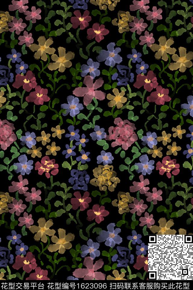 黑底花卉花卉小碎花数码印花花型下载（图片编号: 1623096） - 瓦栏（Walan）
