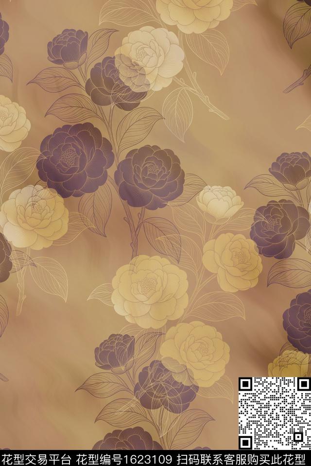 中国风茶花真丝数码印花花型下载（图片编号: 1623109） - 瓦栏（Walan）