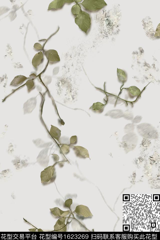 中国风素雅绿植树叶数码印花花型下载（图片编号: 1623269） - 瓦栏（Walan）