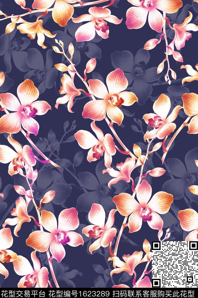 黑底花卉蝴蝶兰花卉数码印花花型下载（图片编号: 1623289） - 瓦栏（Walan）
