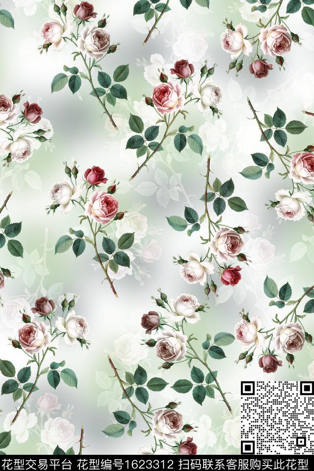满版散花玫瑰花渐变数码印花花型下载（图片编号: 1623312） - 瓦栏（Walan）