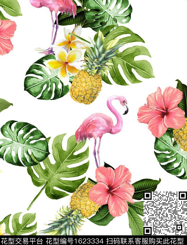 菠萝火烈鸟热带数码印花花型下载（图片编号: 1623334） - 瓦栏（Walan）