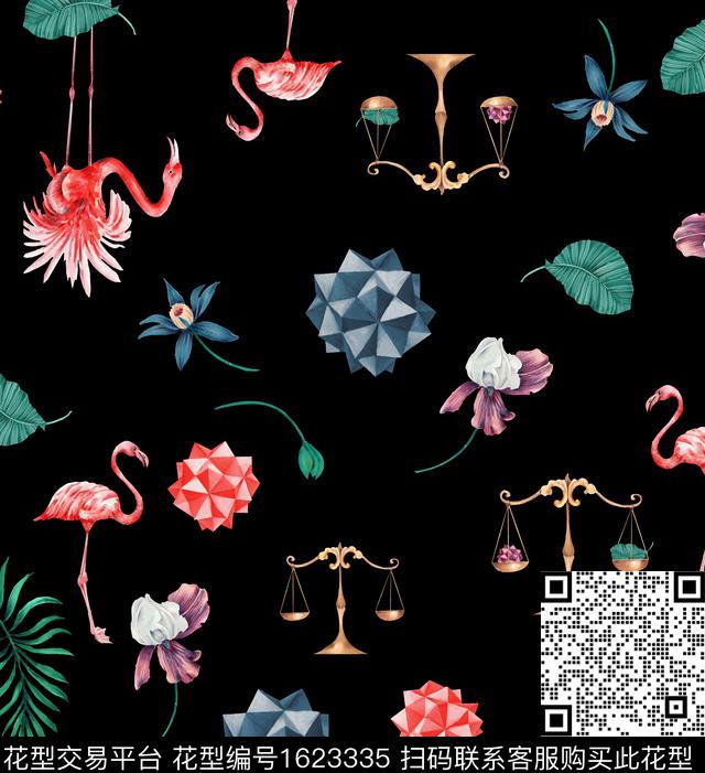 火烈鸟热带花卉数码印花花型下载（图片编号: 1623335） - 瓦栏（Walan）