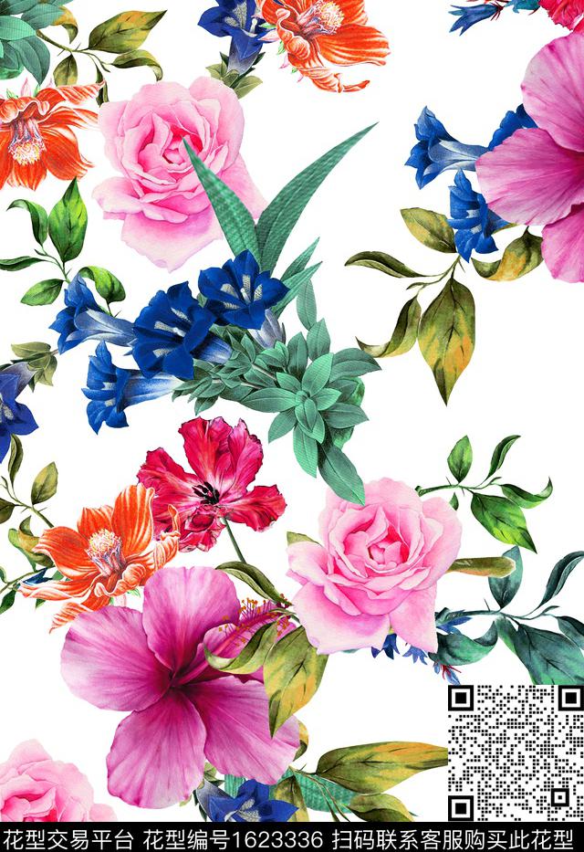 花卉白底花清爽底花卉数码印花花型下载（图片编号: 1623336） - 瓦栏（Walan）