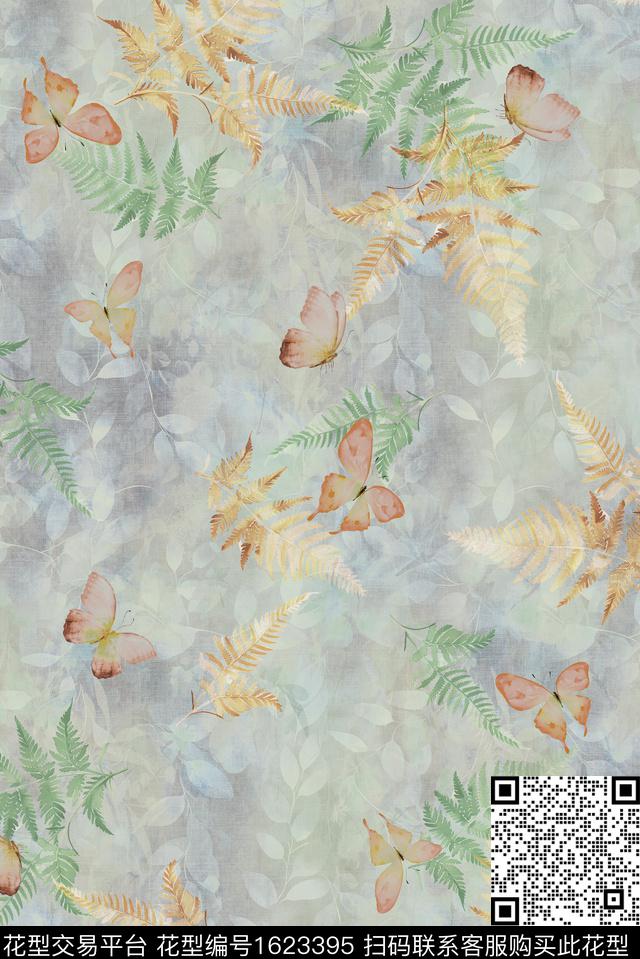 水彩蝴蝶绿植树叶数码印花花型下载（图片编号: 1623395） - 瓦栏（Walan）