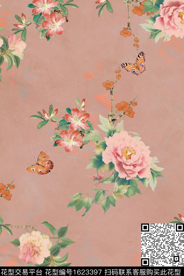 蝴蝶香云纱牡丹数码印花花型下载（图片编号: 1623397） - 瓦栏（Walan）