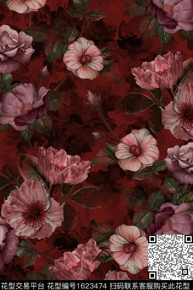 花卉水彩花卉中老年数码印花花型下载（图片编号: 1623474） - 瓦栏（Walan）