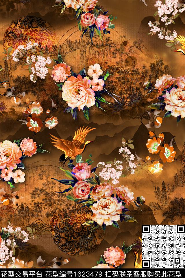 鸟中国风花卉数码印花花型下载（图片编号: 1623479） - 瓦栏（Walan）