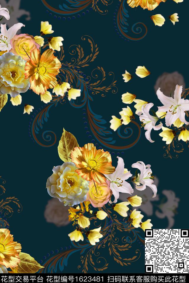 大花花卉中老年数码印花花型下载（图片编号: 1623481） - 瓦栏（Walan）
