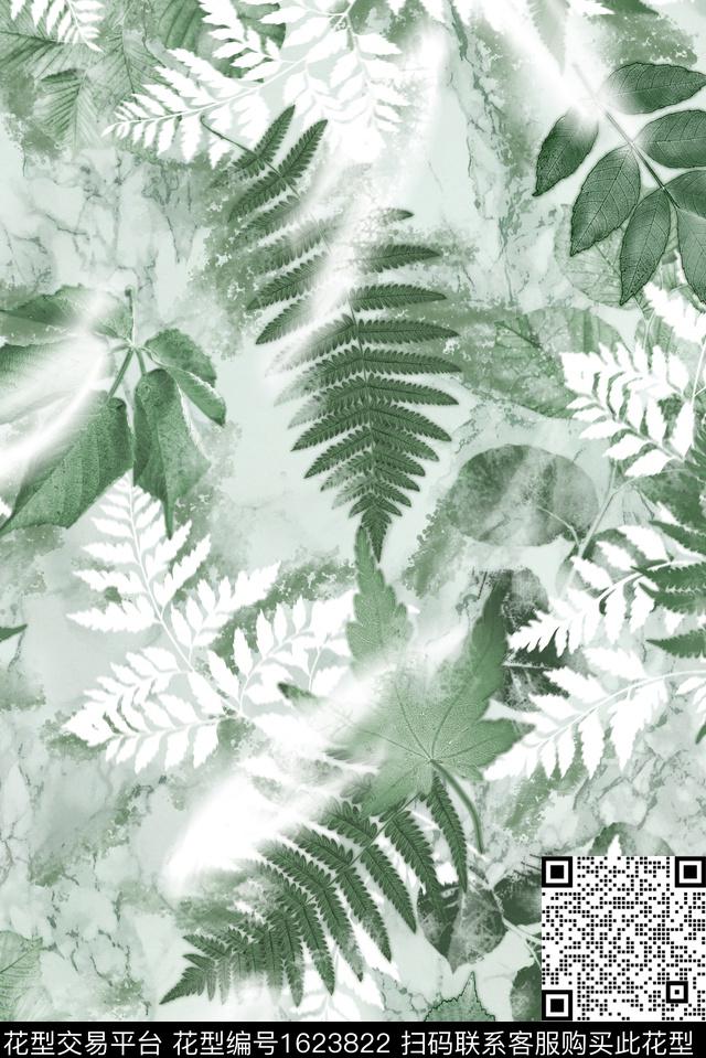 丝巾定位花渐变绿植树叶数码印花花型下载（图片编号: 1623822） - 瓦栏（Walan）