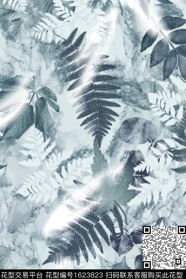 丝巾定位花渐变绿植树叶数码印花花型下载（图片编号: 1623823） - 瓦栏（Walan）