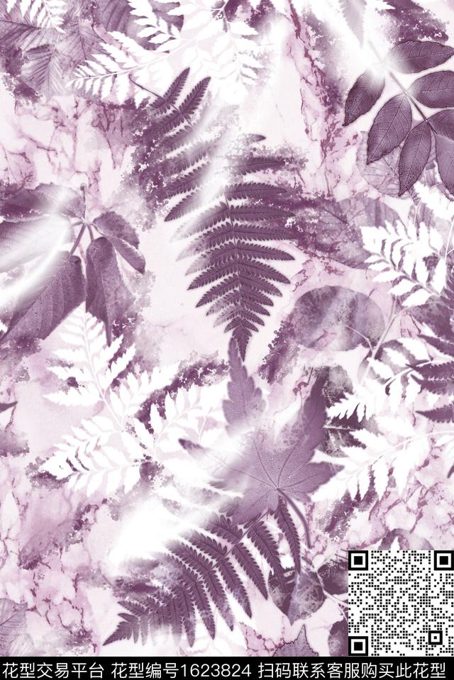 丝巾定位花渐变绿植树叶数码印花花型下载（图片编号: 1623824） - 瓦栏（Walan）