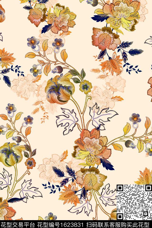 民族花卉花卉绣花花型数码印花花型下载（图片编号: 1623831） - 瓦栏（Walan）