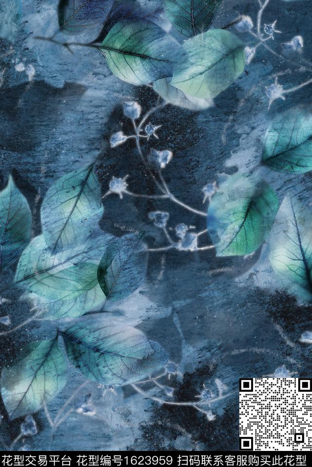 绿植树叶水彩笔触渐变数码印花花型下载（图片编号: 1623959） - 瓦栏（Walan）