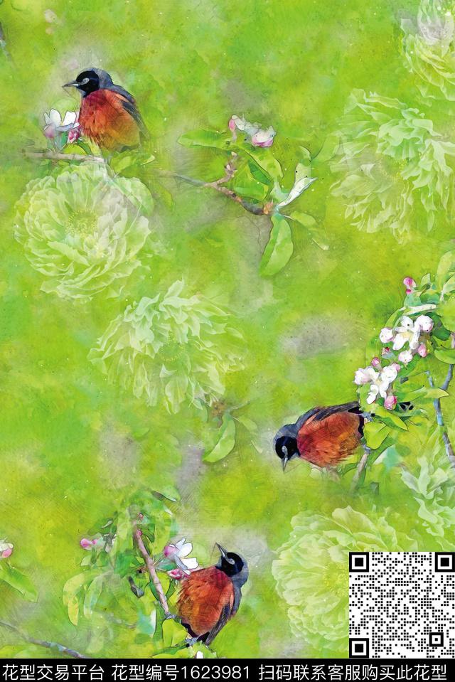 水彩牡丹花鸟数码印花花型下载（图片编号: 1623981） - 瓦栏（Walan）