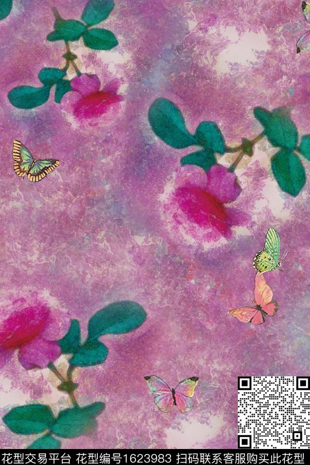 花卉蝴蝶中老年数码印花花型下载（图片编号: 1623983） - 瓦栏（Walan）