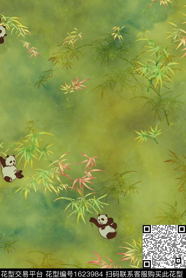 熊猫竹子中国风数码印花花型下载（图片编号: 1623984） - 瓦栏（Walan）